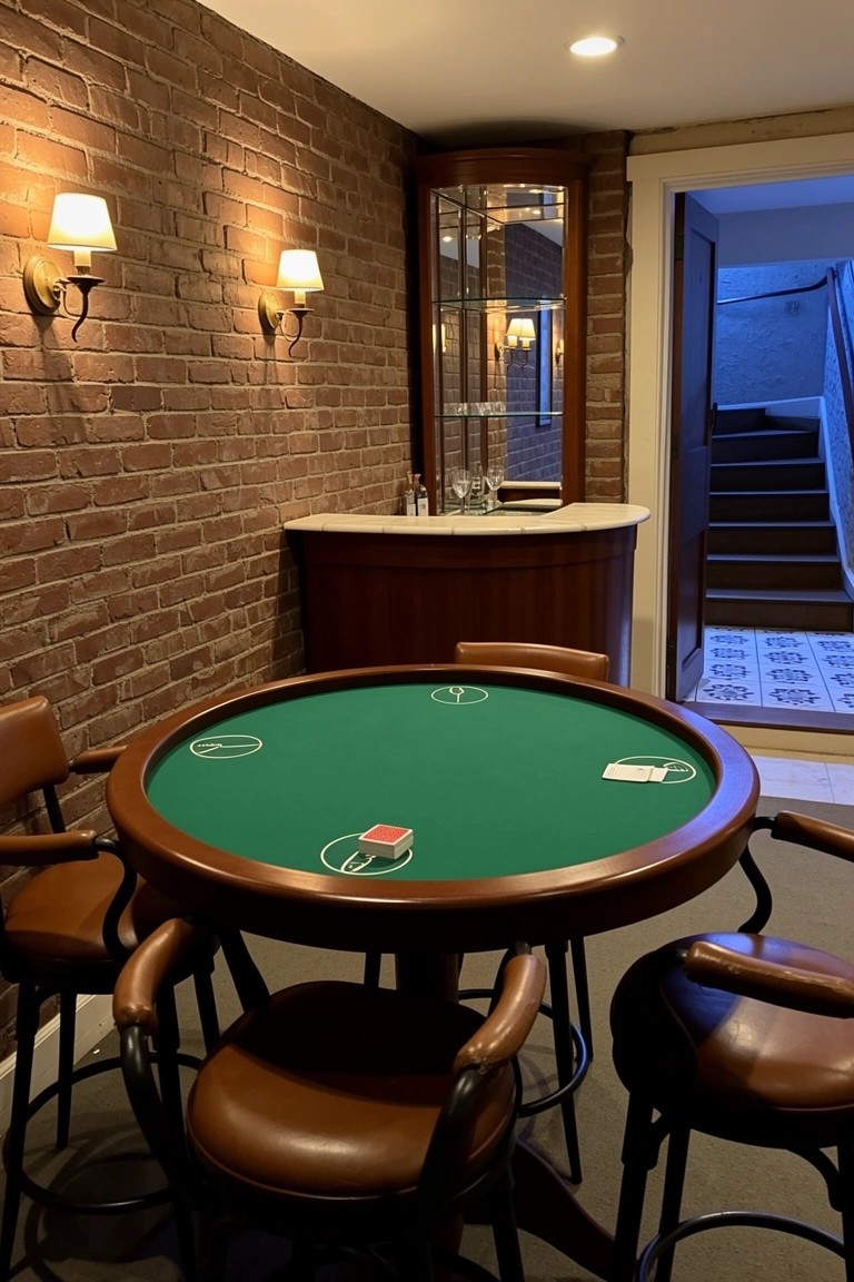 Basement speakeasy with exposed brick walls, curved wooden bar stocked with glasses, round green felt poker table, and leather barstools near stairs