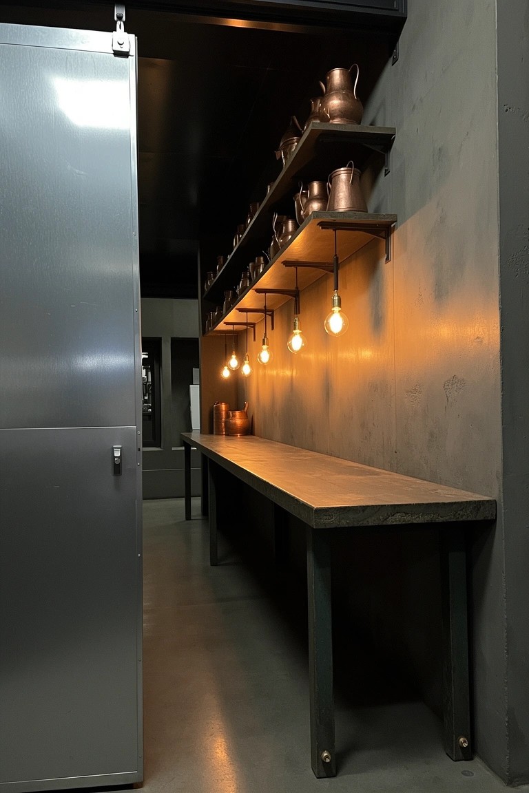 Copper pots displayed on open shelves against a textured industrial wall, with a long wooden table and hanging bulb lights in a dimly lit speakeasy-style room