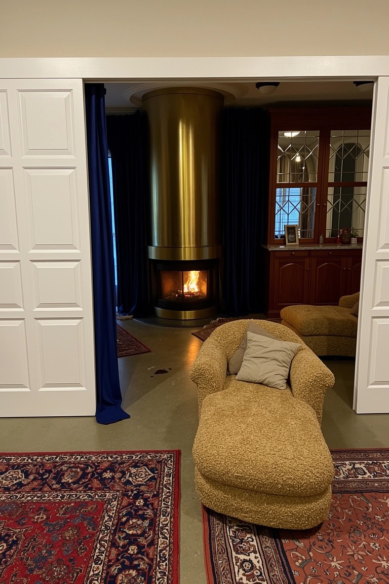 Tall golden cylindrical fireplace in a corner of a hidden speakeasy lounge with blue curtains, beige shaggy chaise lounge, and red Persian rugs