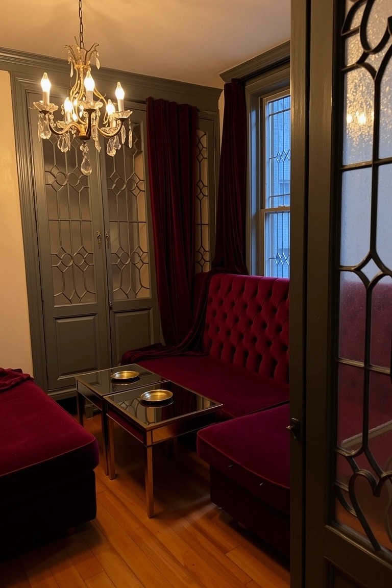 Cozy corner nook with red tufted velvet bench, low glass table, and dark latticed doors evoking a vintage speakeasy lounge