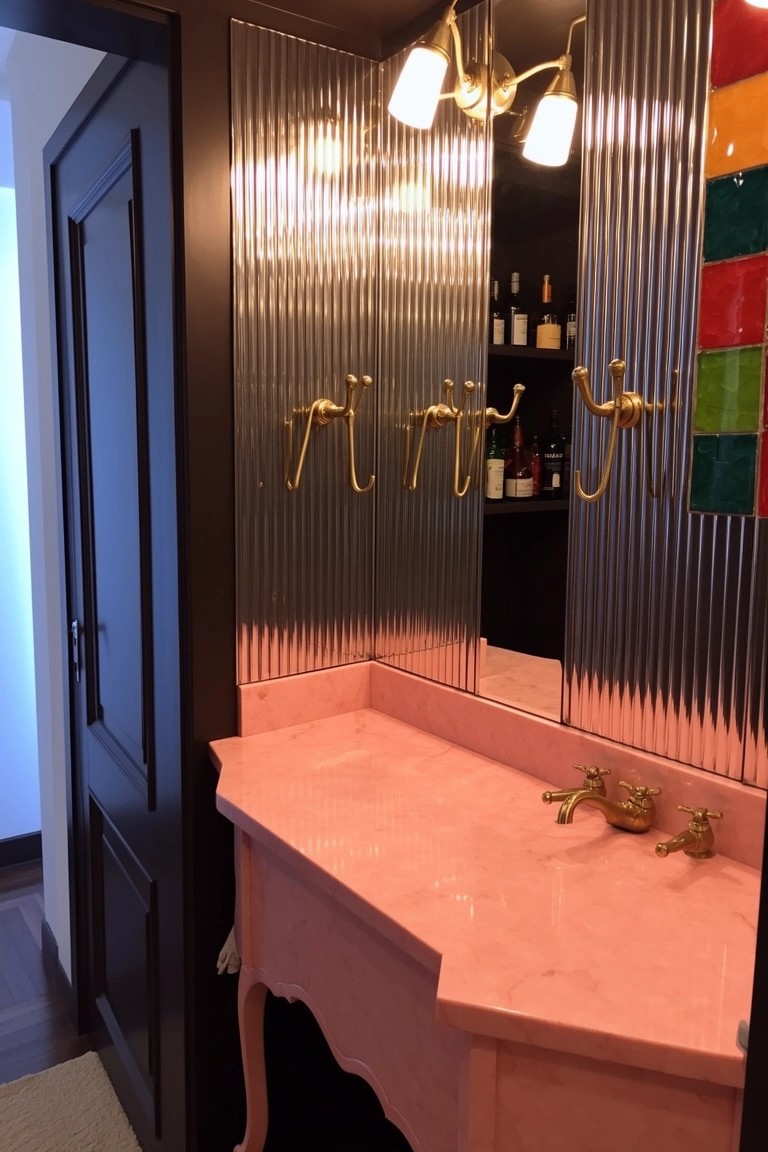 Blush pink vanity with brass faucets set against shiny corrugated metal walls and mirrors in a compact speakeasy-style powder room