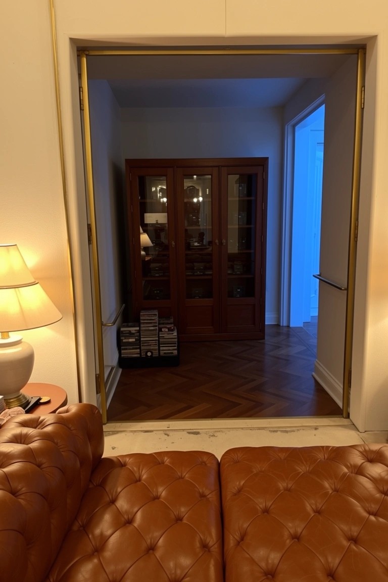 Open double doors trimmed in gold revealing a tall wooden cabinet and parquet hallway, viewed from paired leather sofas