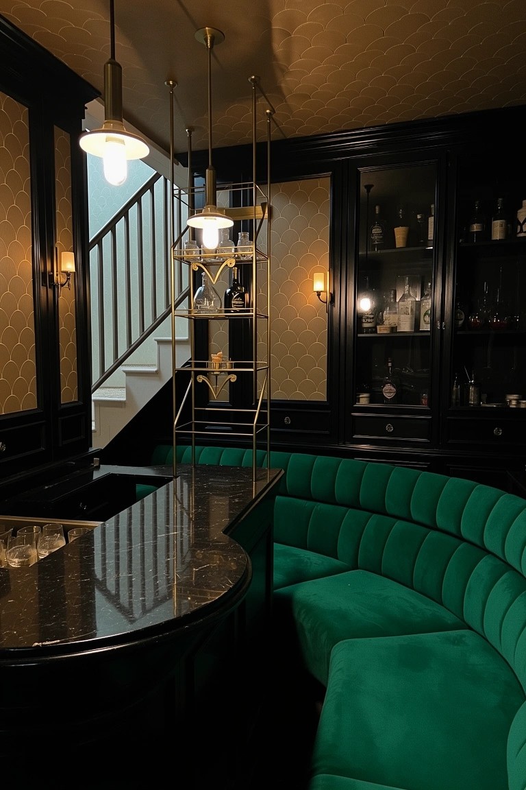 Curved emerald green velvet booth seating at a black marble bar in a dark paneled speakeasy room with brass liquor shelves and pendant lights