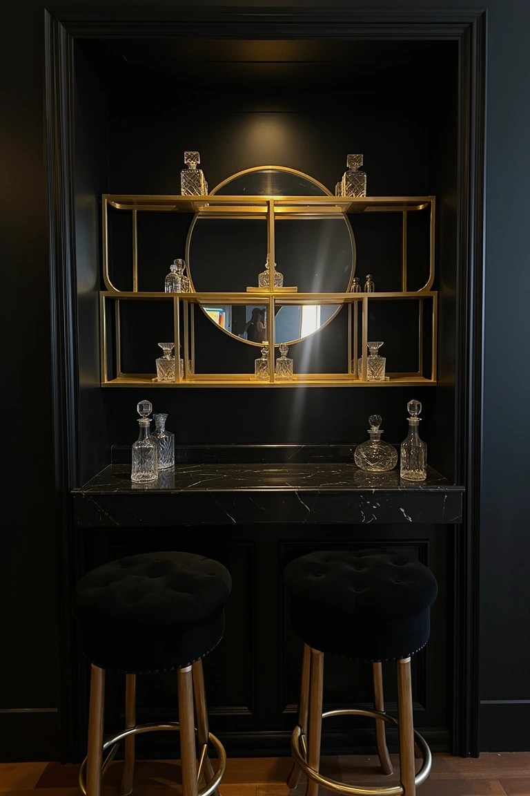 Black wall recess with gold metal shelving and central round mirror displaying crystal decanters, black marble counter below holding two more decanters and flanked by black velvet stools on gold legs
