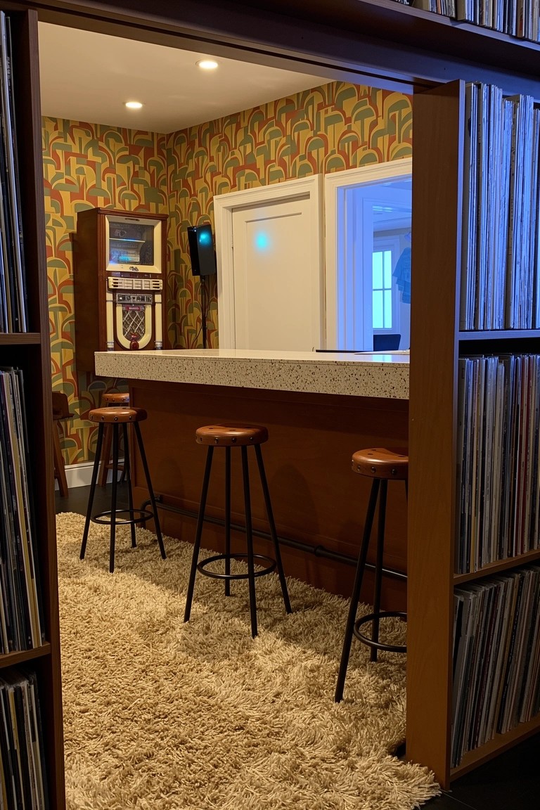 Bar area framed by tall shelves full of vinyl records, with retro orange wallpaper, wooden stools, and a jukebox in a cozy nook