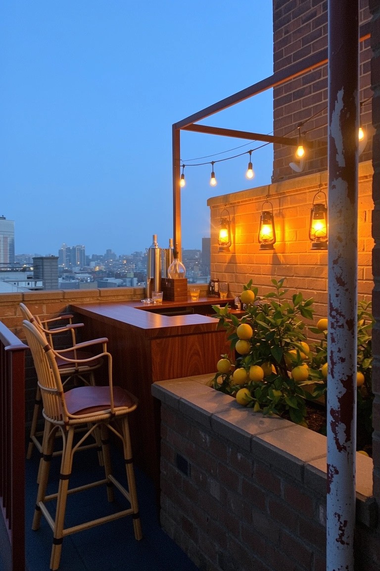Wooden bar counter and stools on brick-walled rooftop terrace with string lights, lanterns, lemon plants, and bottles at dusk