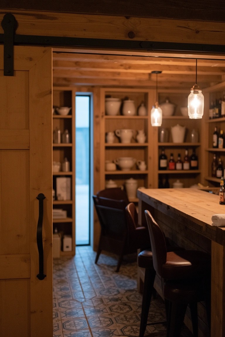 Rustic wooden pantry with bar counter, open shelves stocked with jars and bottles, leather stools, and barn door entrance