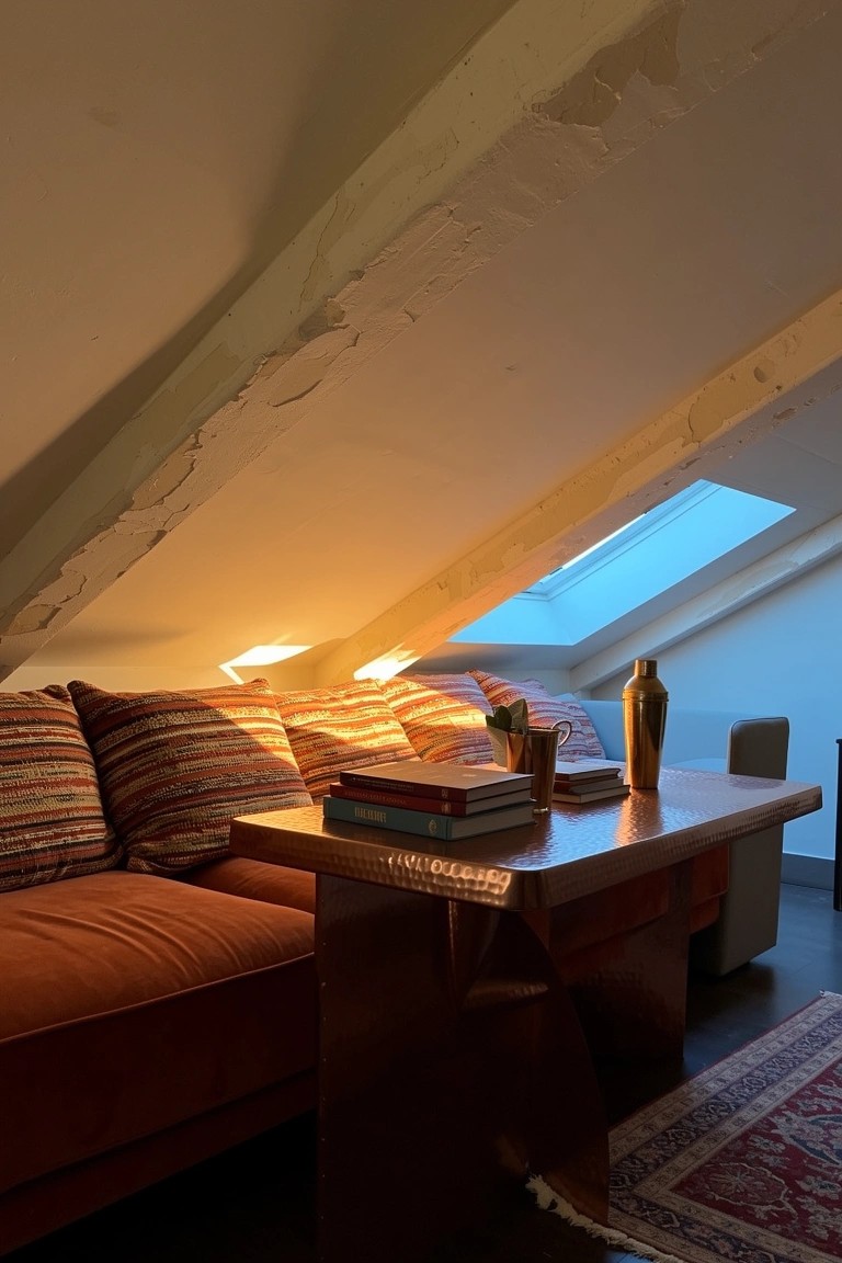 Low orange sofa and wooden table under sloped ceilings in a cozy attic lounge with striped pillows and brass decor