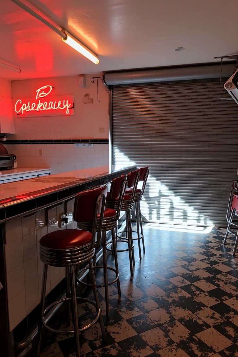 Red neon Speakeasy sign above a vintage bar counter with chrome swivel stools and checkered floor