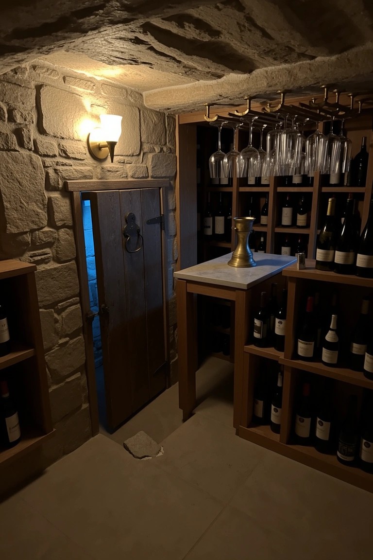Rustic stone-walled wine cellar with built-in wooden racks, hanging glasses, table with brass holder, and small wooden door ajar