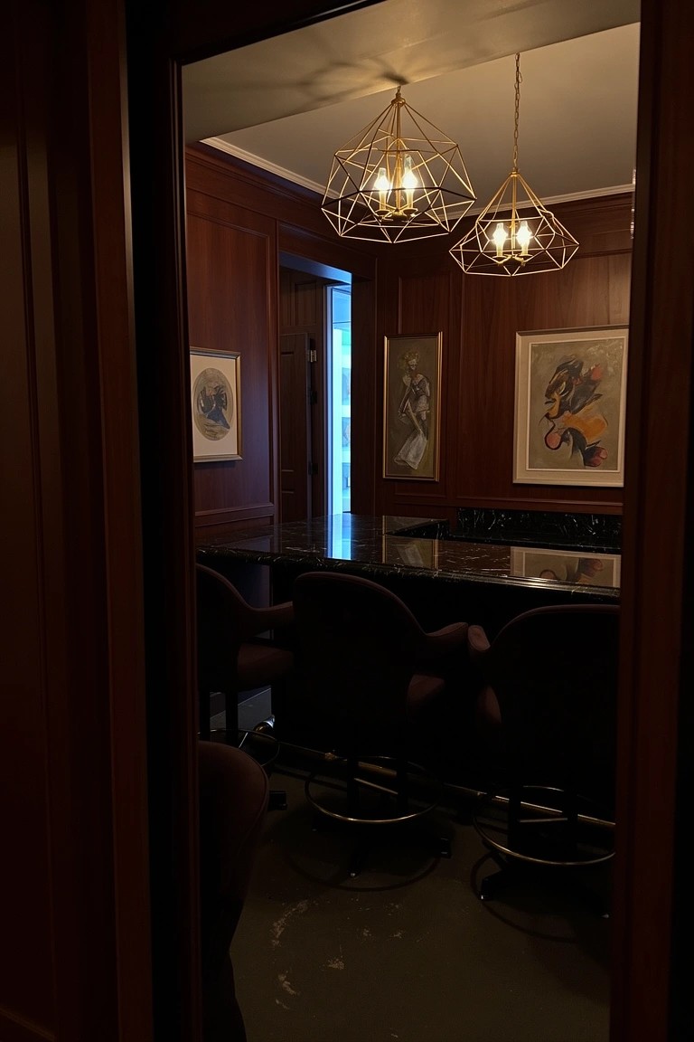 Dark wood paneled bar room with black marble counter, swivel stools, and geometric pendant lights