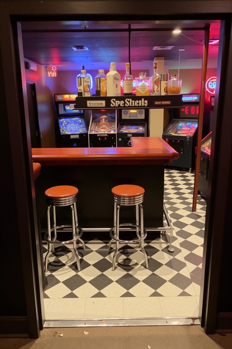 Home speakeasy bar with red swivel stools, flanked by vintage arcade machines on a black-and-white checkered floor