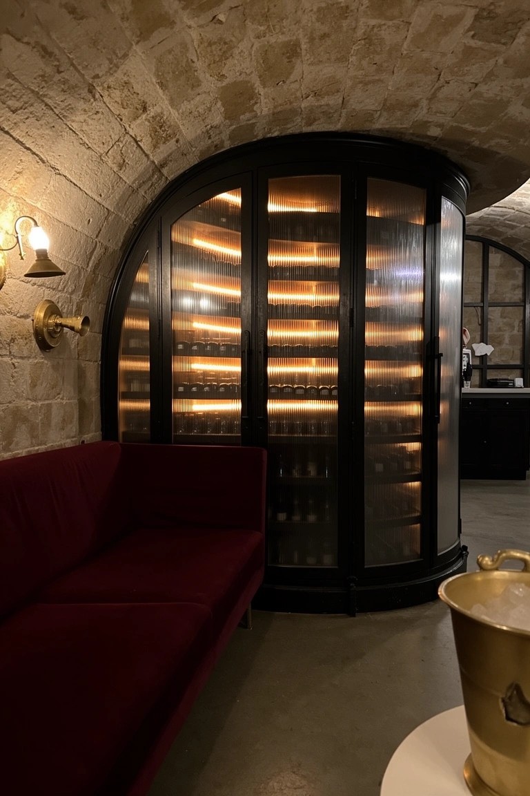 Curved glass-fronted wine cabinet integrated into stone arched wall in a cozy home bar area with red sofa and brass bucket nearby