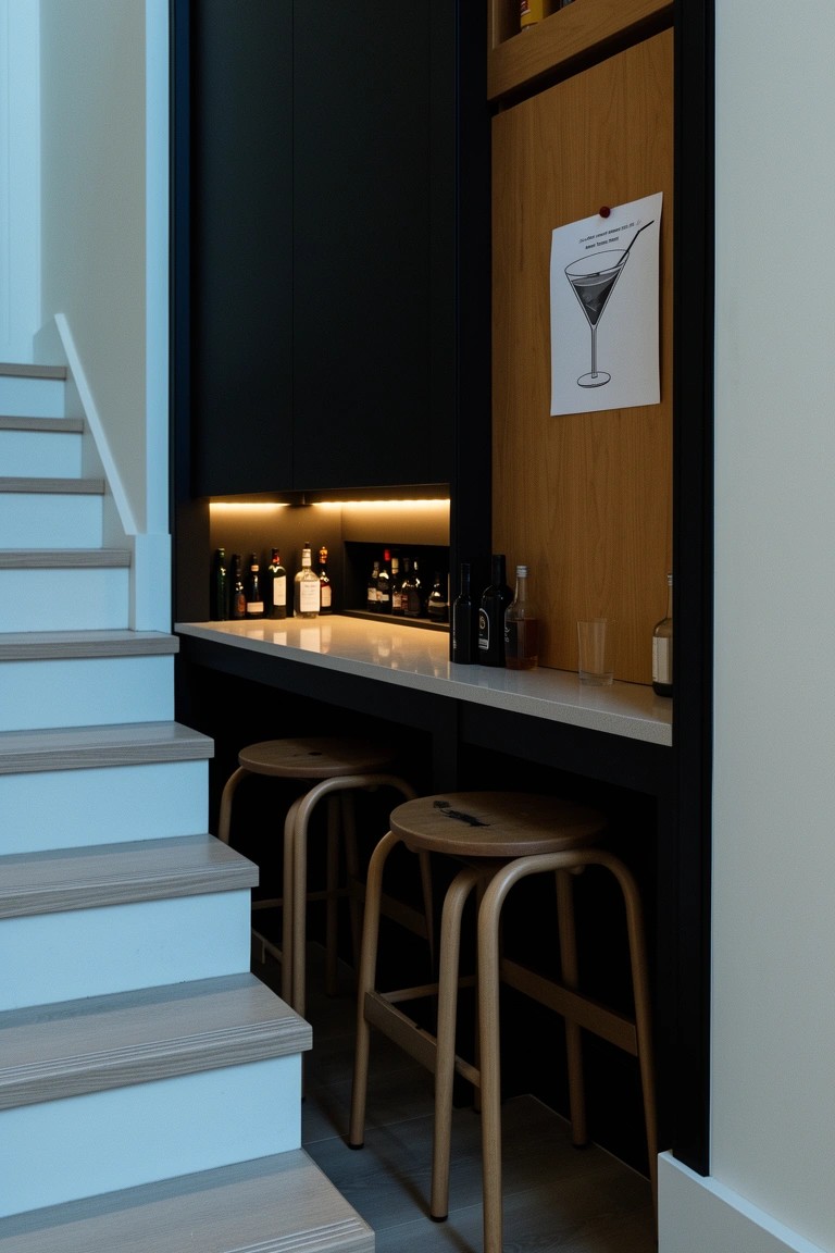 Compact bar nook beside white stairs with black cabinets, lit bottle shelves, wood-paneled wall, white countertop, and wooden stools