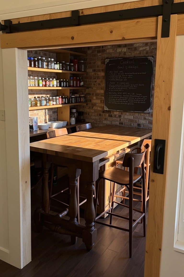 Rustic home bar nook behind sliding barn door with wooden table, bar stools, open jar shelves, and chalkboard on brick wall
