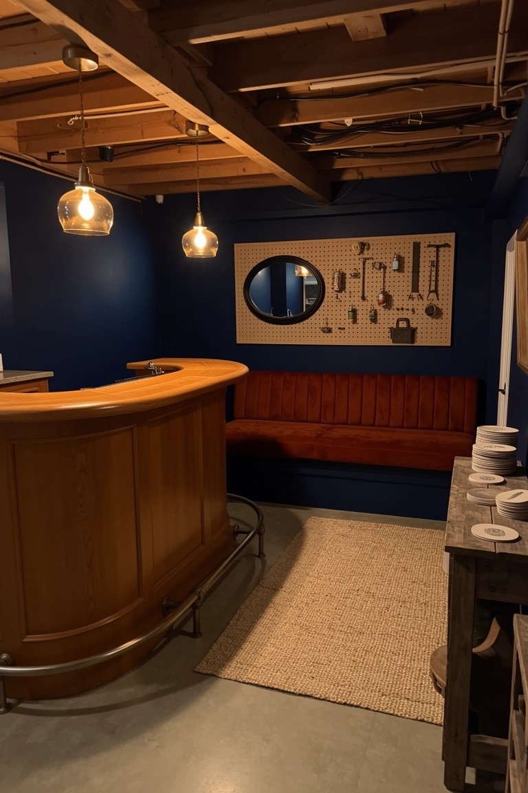 Cozy basement speakeasy bar featuring navy walls, exposed wooden beam ceiling, curved wooden bar with stools, red bench seating, and pegboard wall with hanging tools and round mirror