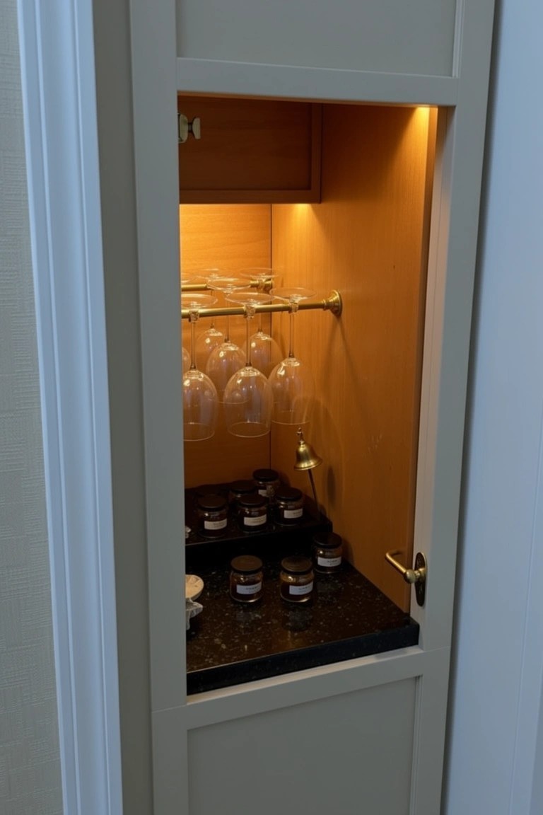 Recessed wall cabinet bar with warm interior lighting, brass rod holding upside-down wine glasses, and glass jars on black shelf