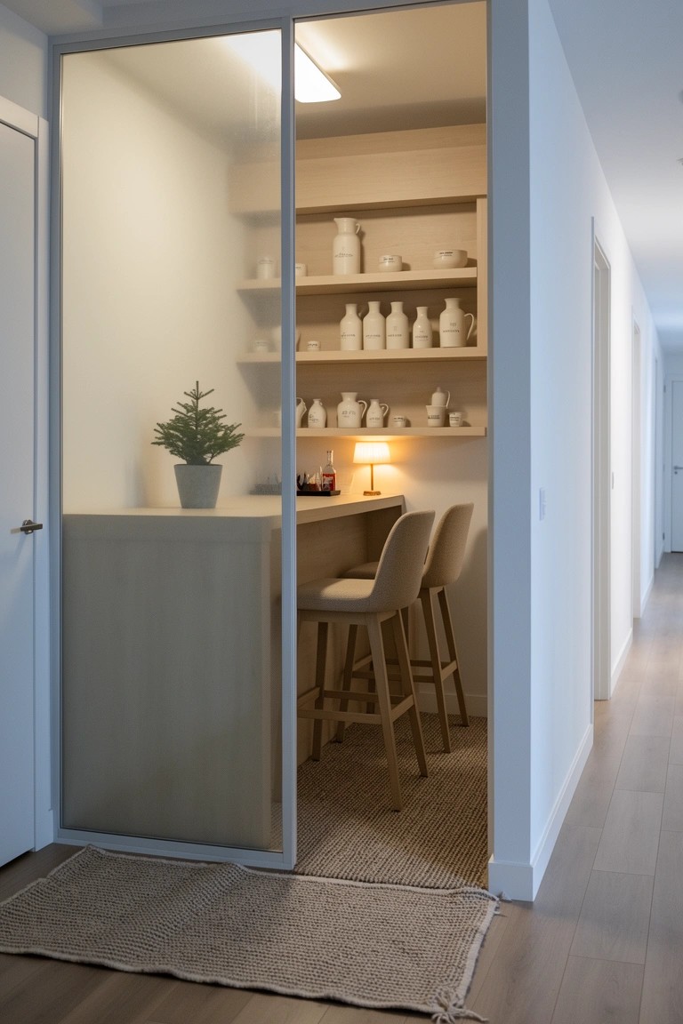 Narrow closet space converted to a home bar with frosted glass doors, light wood shelves holding bottles and ceramics, small counter with two stools, potted plant, and desk lamp.