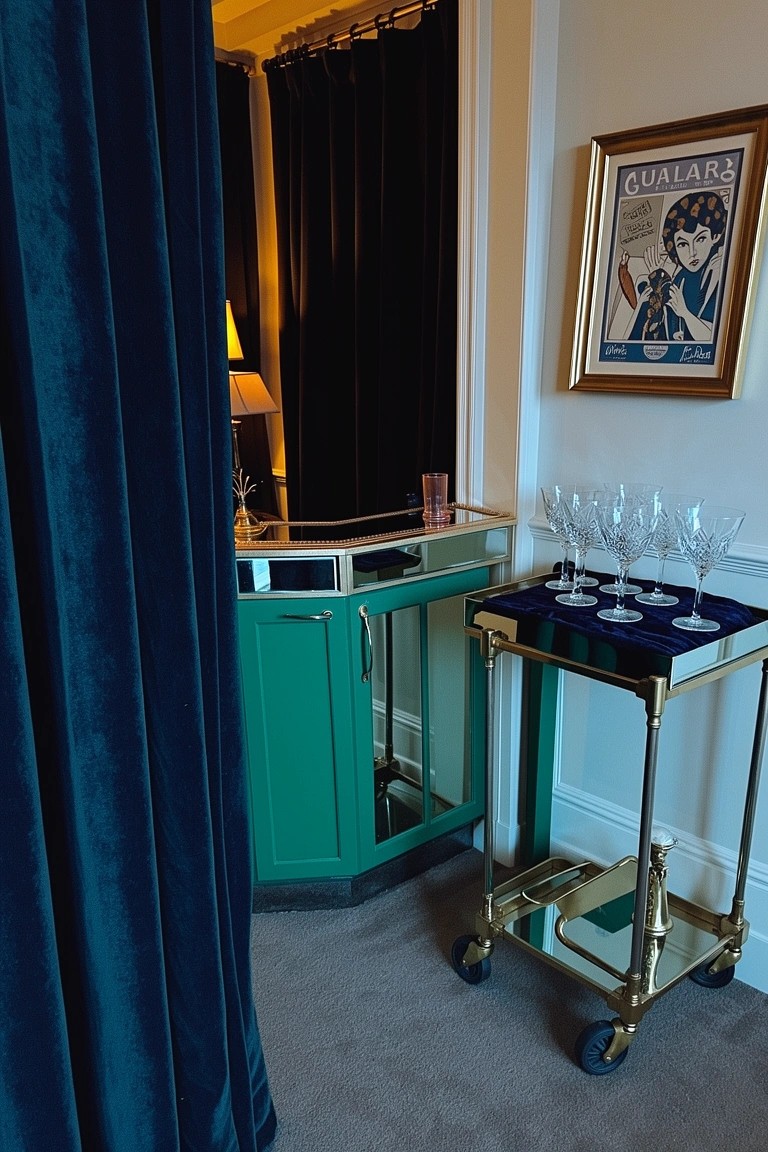 Emerald green corner bar cabinet with mirrored surfaces, flanked by dark velvet curtains and a brass cart holding champagne glasses, evoking speakeasy style