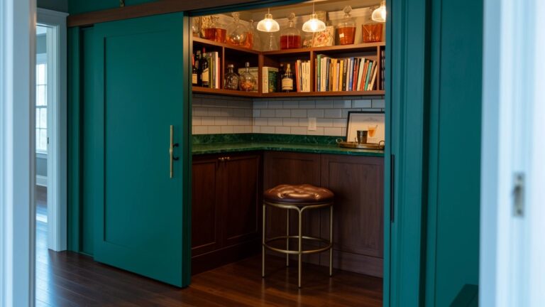 Narrow green hallway with built-in wooden bar cabinet, shelves holding books and liquor bottles, emerald tile backsplash, brass-handled doors, and swivel bar stool