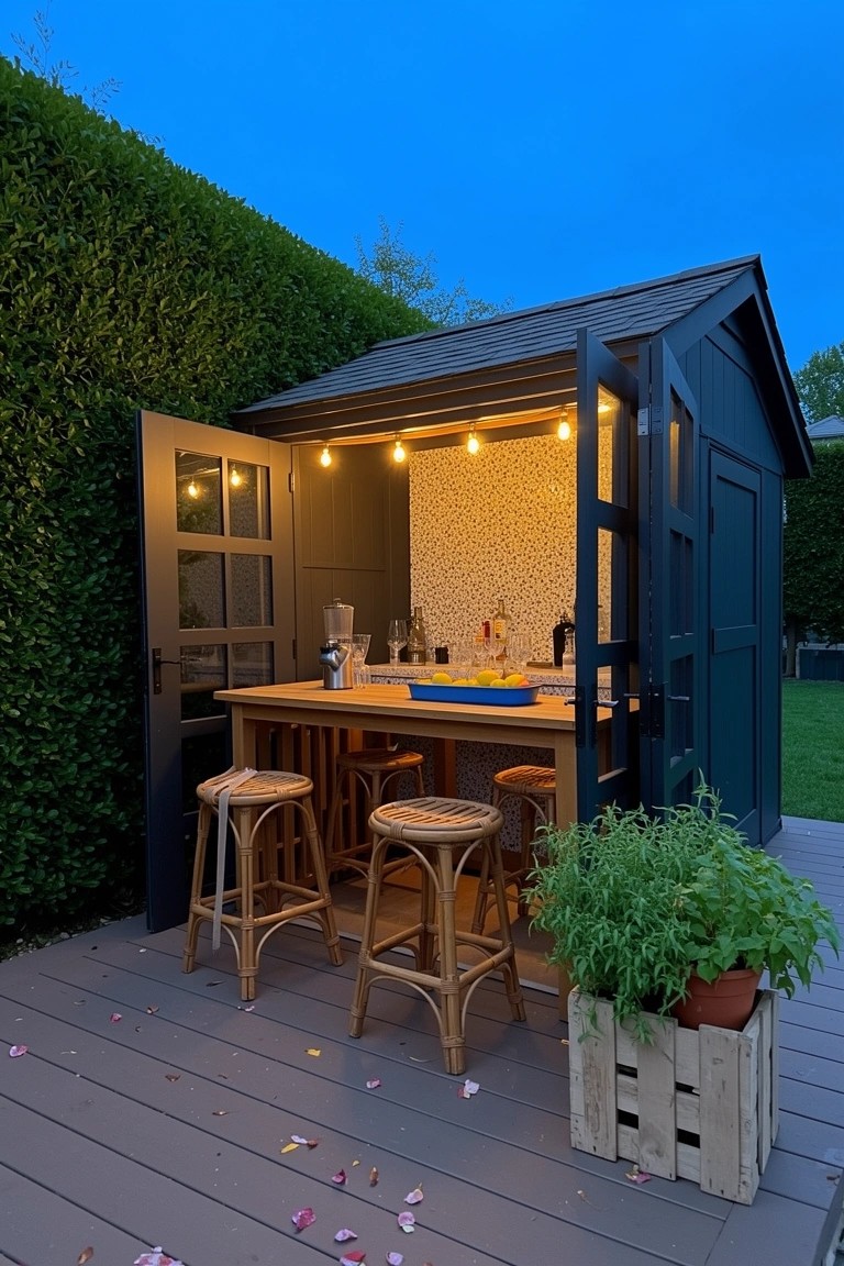 Dark garden shed open as a bar area with wooden stools, string lights, bar setup, hedges, and potted plants on a deck