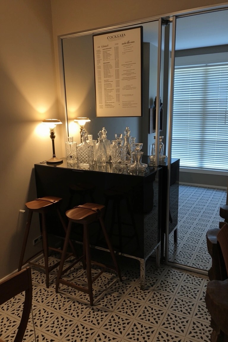 Glossy black bar cabinet topped with glass bottles and decanters, flanked by wooden stools, with a cocktails menu poster on a mirrored panel in a light beige room