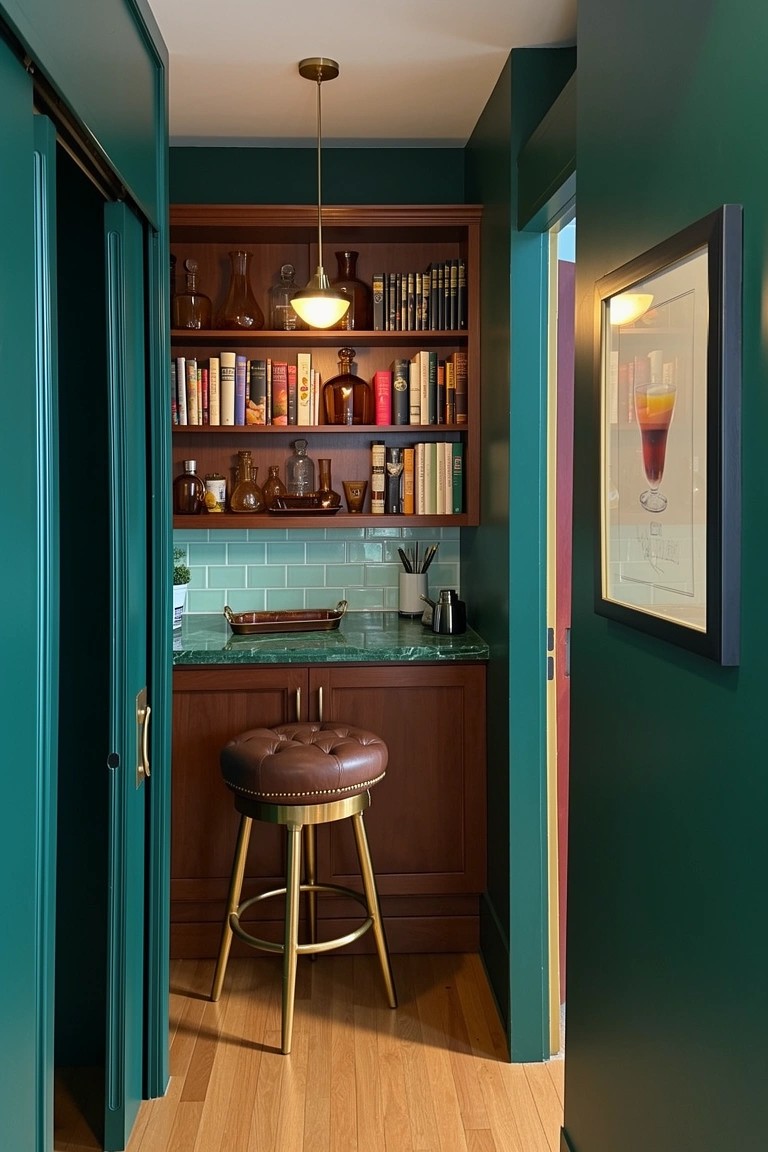 Narrow green hallway with built-in wooden bar cabinet, shelves holding books and liquor bottles, emerald tile backsplash, brass-handled doors, and swivel bar stool