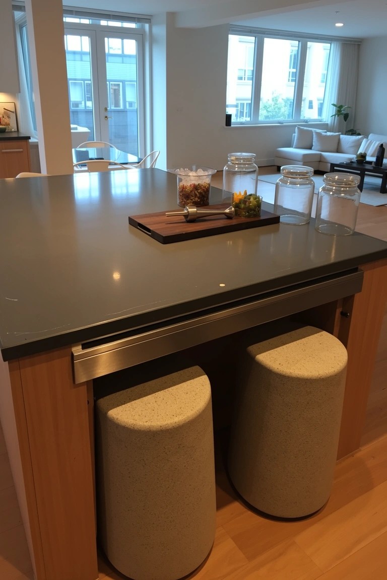 Sleek kitchen island with dark countertop, wooden board holding garnishes and utensils, two round upholstered stools, and open view to living area
