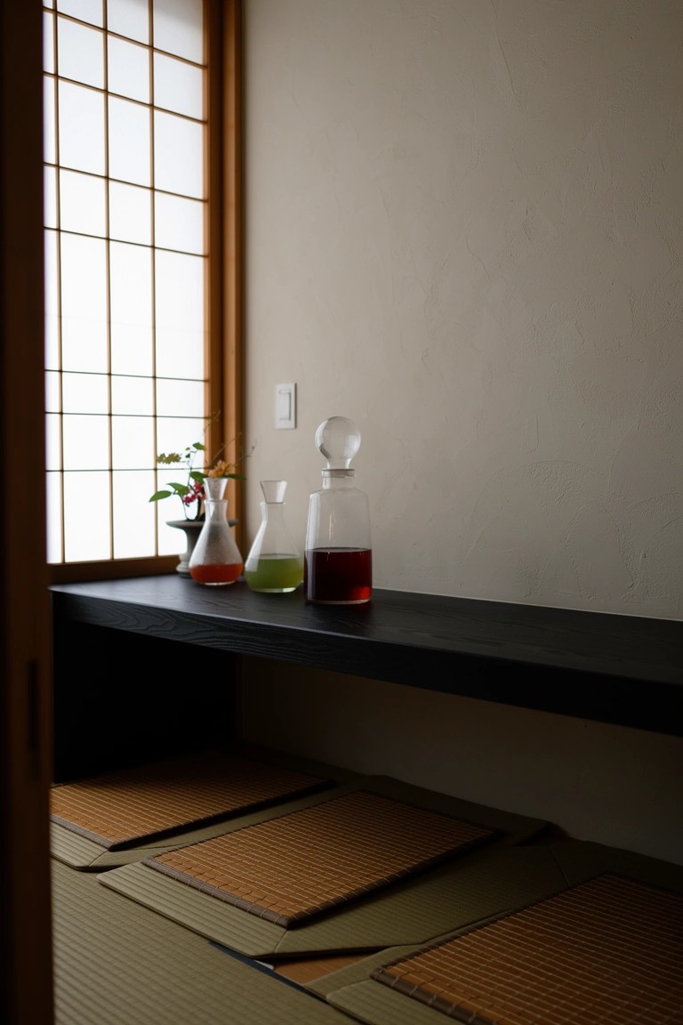 Low black wooden shelf with colorful glass bottles and a flower vase against shoji screens in a tatami mat room