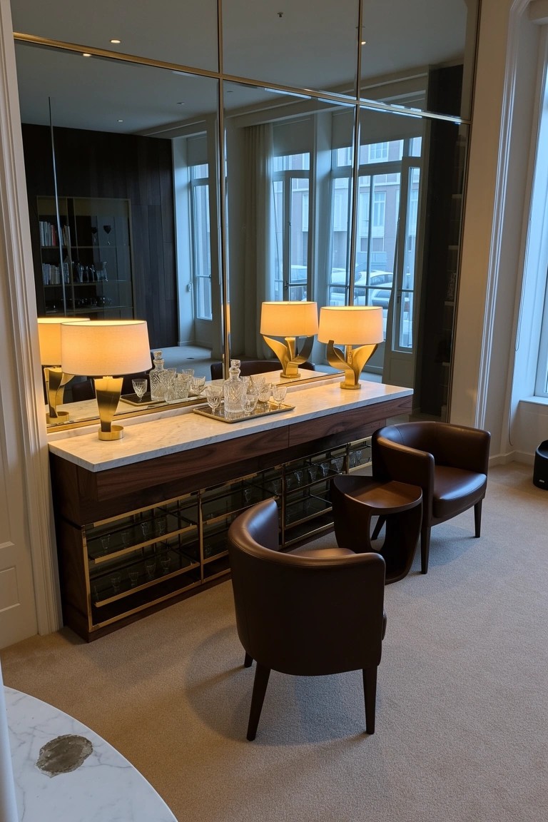 Elegant home bar setup with tall mirrored walls, brass lamps on marble counter, wood cabinets below, and low leather armchairs