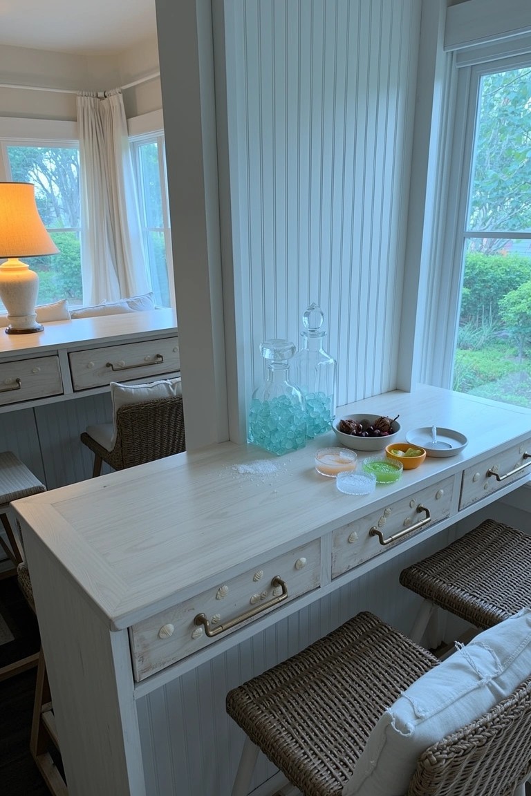 Compact white counter bar in wall nook with rattan stools, glass jug, and small bowls