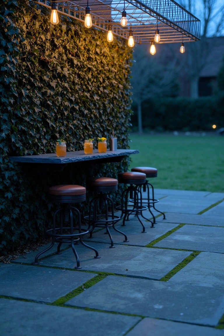 Outdoor bar counter against ivy-covered wall with hanging lights, drinks, and stools on stone patio