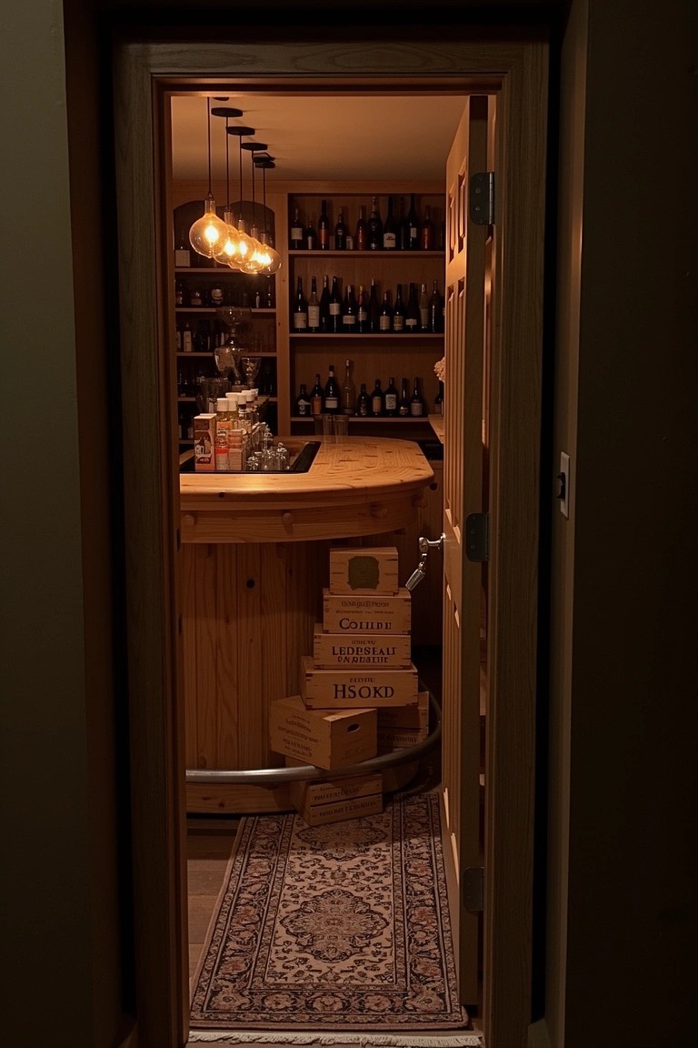 Open wooden door revealing cozy home speakeasy bar with curved wood countertop, bottle racks, and stacked crates