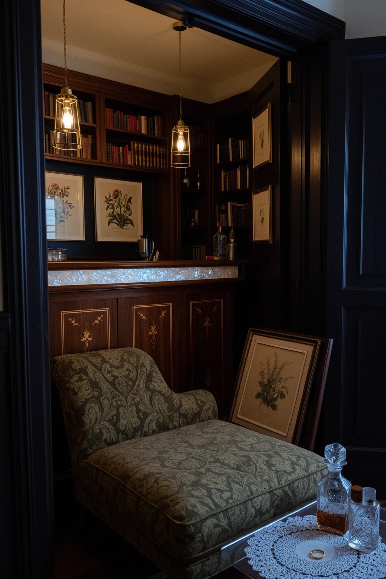 Small wood-paneled bar nook with bookshelves, lit glass shelves, green armchair, and decanters on a side table