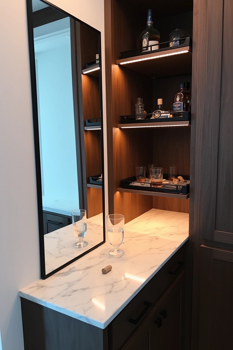 Built-in wooden bar cabinet with LED-backlit shelves displaying whiskey bottles and glassware on a marble countertop next to a slim mirror