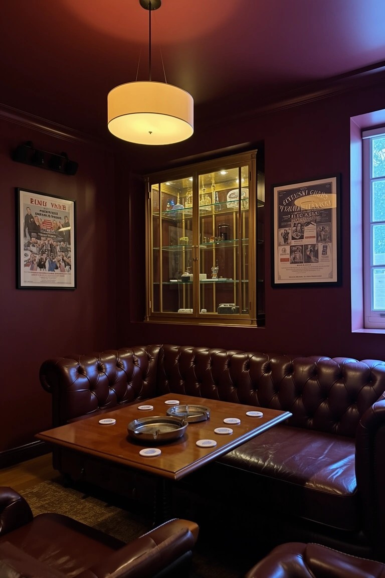 Cozy whiskey room corner with tufted brown leather L-shaped sofa, low wooden table, glass display cabinet, and deep burgundy walls lit by a pendant lamp