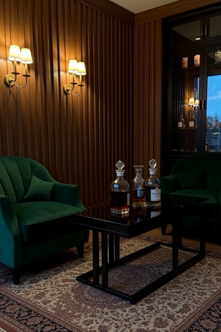 Wood-paneled nook with two green velvet armchairs around a low black table holding whiskey decanters and bottles, warm wall lamps glowing