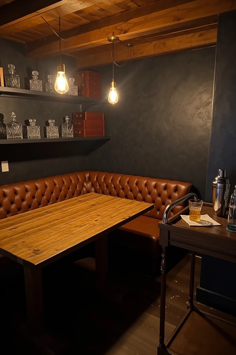 Cozy leather-tufted corner booth with wooden table, bar cart, and bottle shelves in a dark whiskey nook