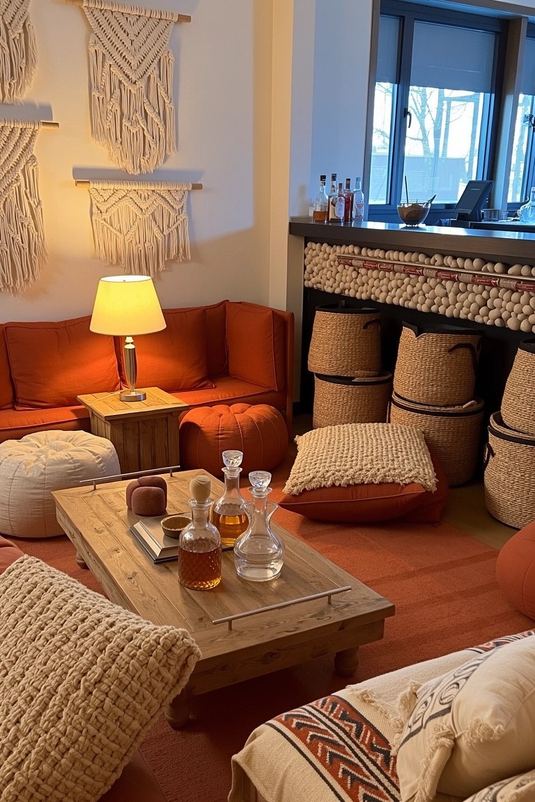 Cozy home lounge with orange sofa, poufs, wooden coffee table holding whiskey bottles, woven baskets, and macrame wall hangings near a bar area