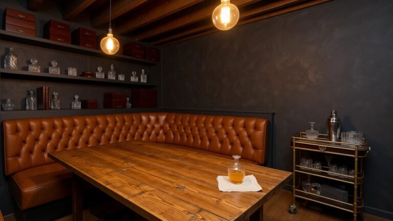 Cozy leather-tufted corner booth with wooden table, bar cart, and bottle shelves in a dark whiskey nook
