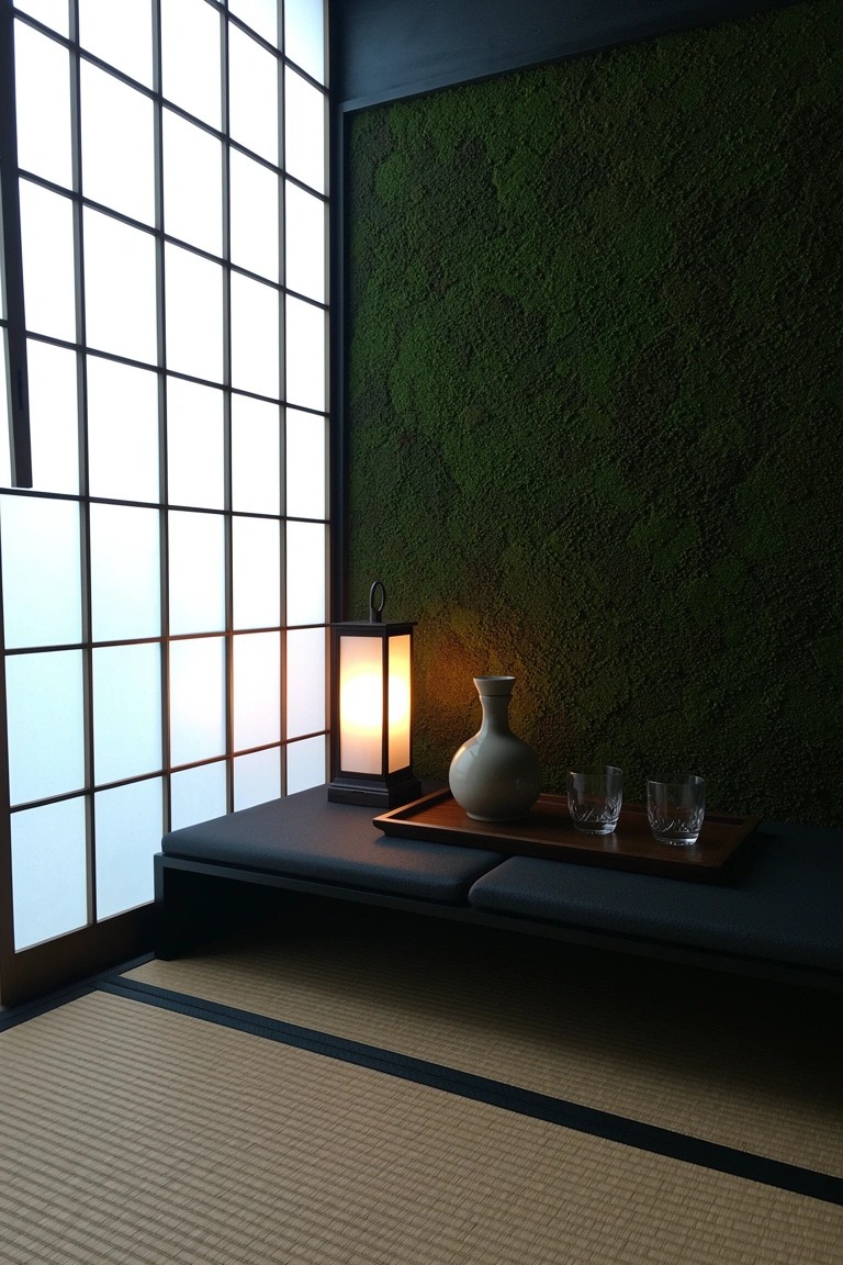 Serene Japanese-style whiskey nook with green moss wall, low black platform holding tray of glasses and gray vase, lantern light, shoji screens, and tatami floor