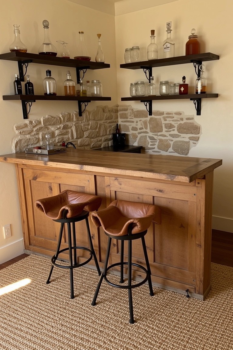 Wooden home bar counter with leather swivel stools and open overhead shelves stocked with whiskey bottles and glassware against a stone wall