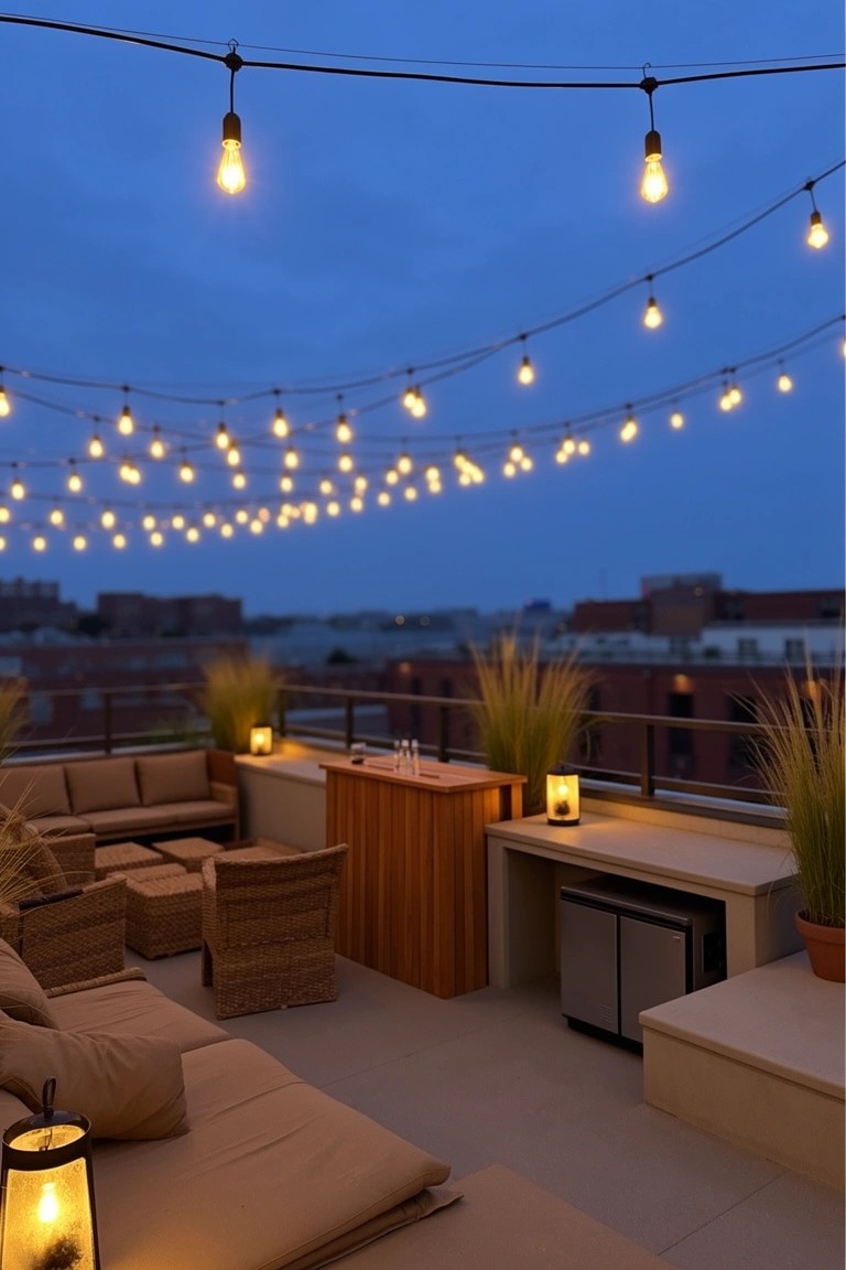 Rooftop deck bar with wooden counter, lounge seating, potted plants, and overhead string lights