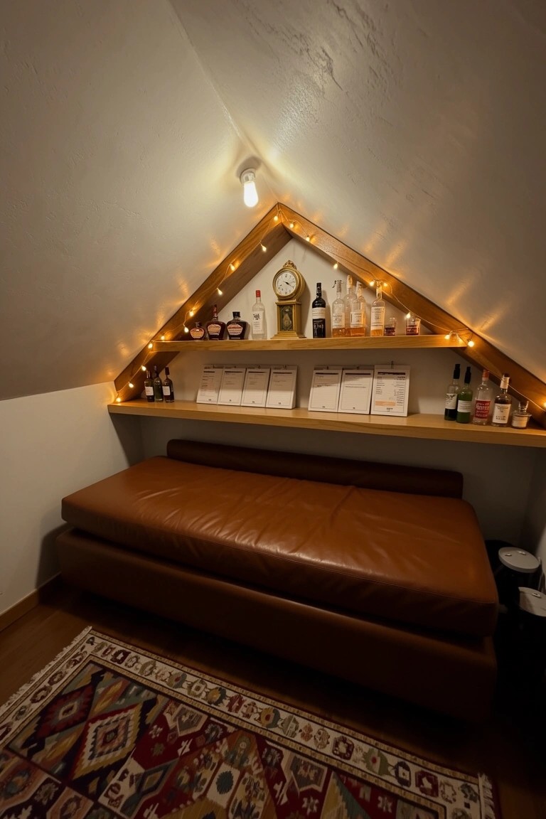 Attic nook with triangular wooden shelves under sloped ceiling displaying whiskey bottles, clock, and books, edged with white lights, brown leather daybed and patterned rug below