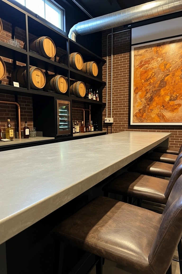 Modern home whiskey bar with black open shelves stacked with wooden barrels, concrete countertop, leather stools, and exposed brick wall backdrop