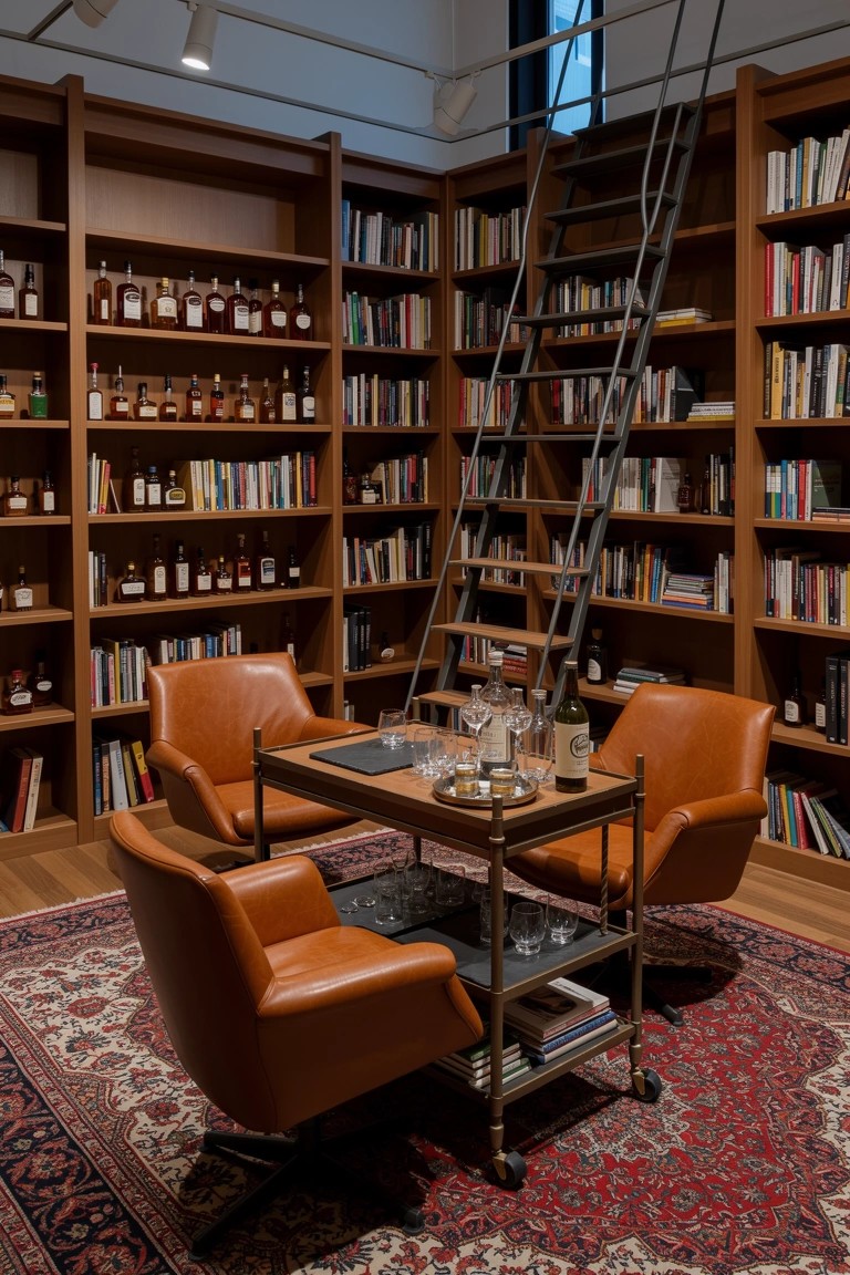 Wooden bookshelves stocked with whiskey bottles mixed among books, rolling ladder, orange leather chairs around a brass serving cart in a cozy library space