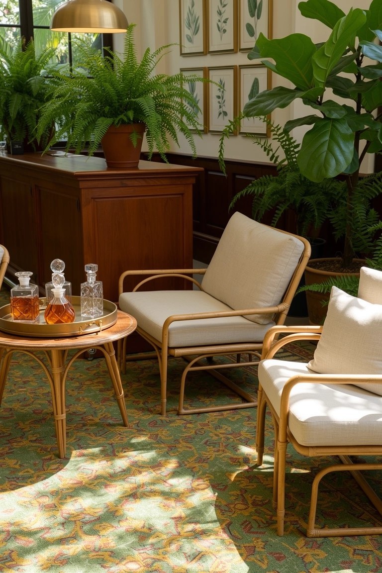 Cream-cushioned rattan chairs around a brass tray table with whiskey decanters in a lush plant-filled room