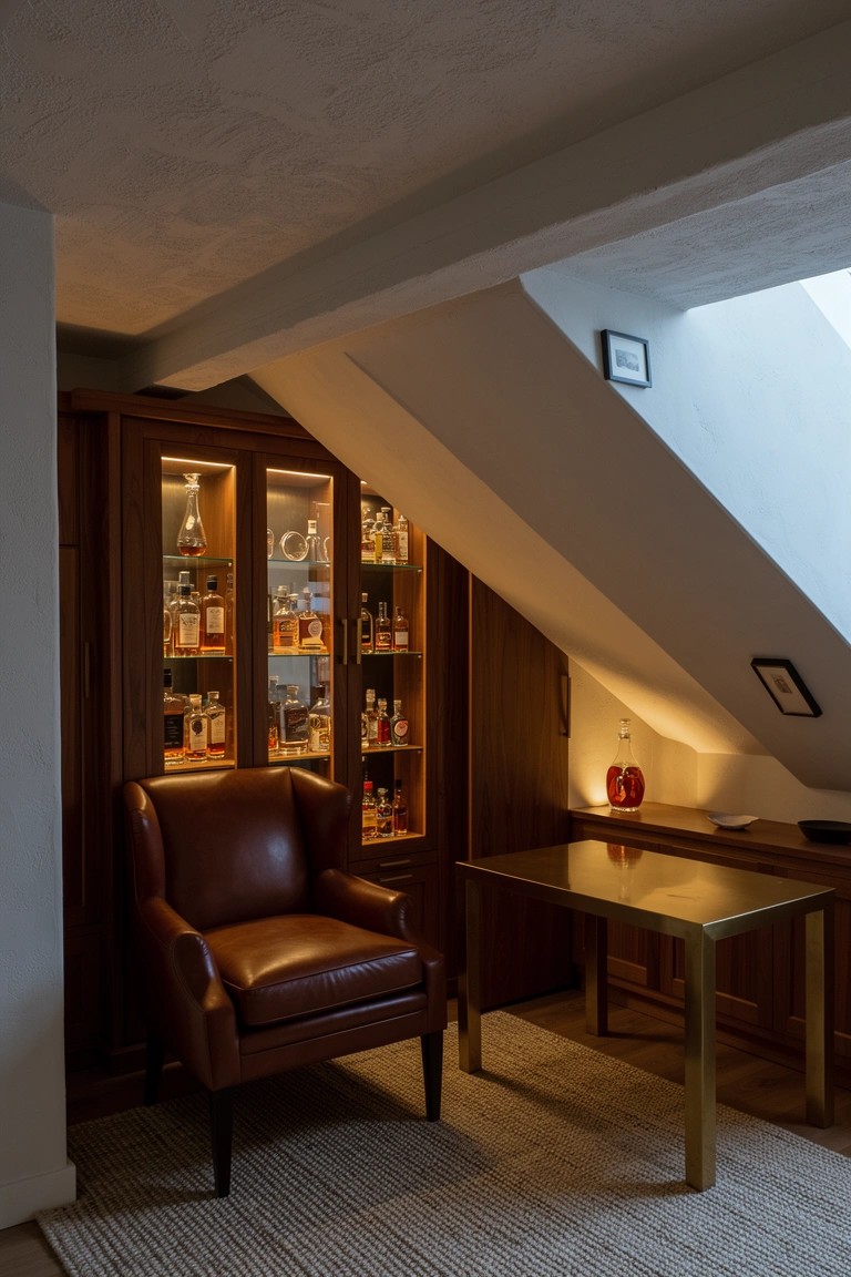 Attic corner with tall wooden liquor cabinet lit from within, brown leather armchair, brass table on rug, and white slanted ceiling