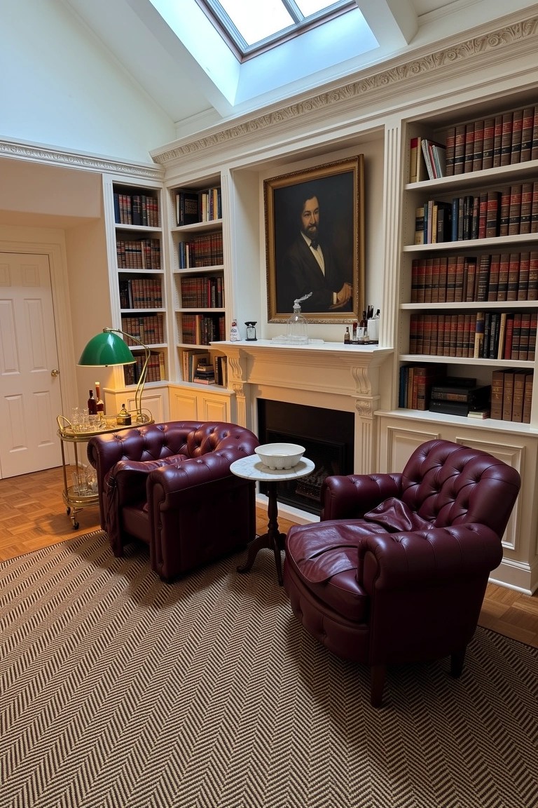 Traditional library room featuring bookshelves flanking a fireplace with two leather armchairs in front