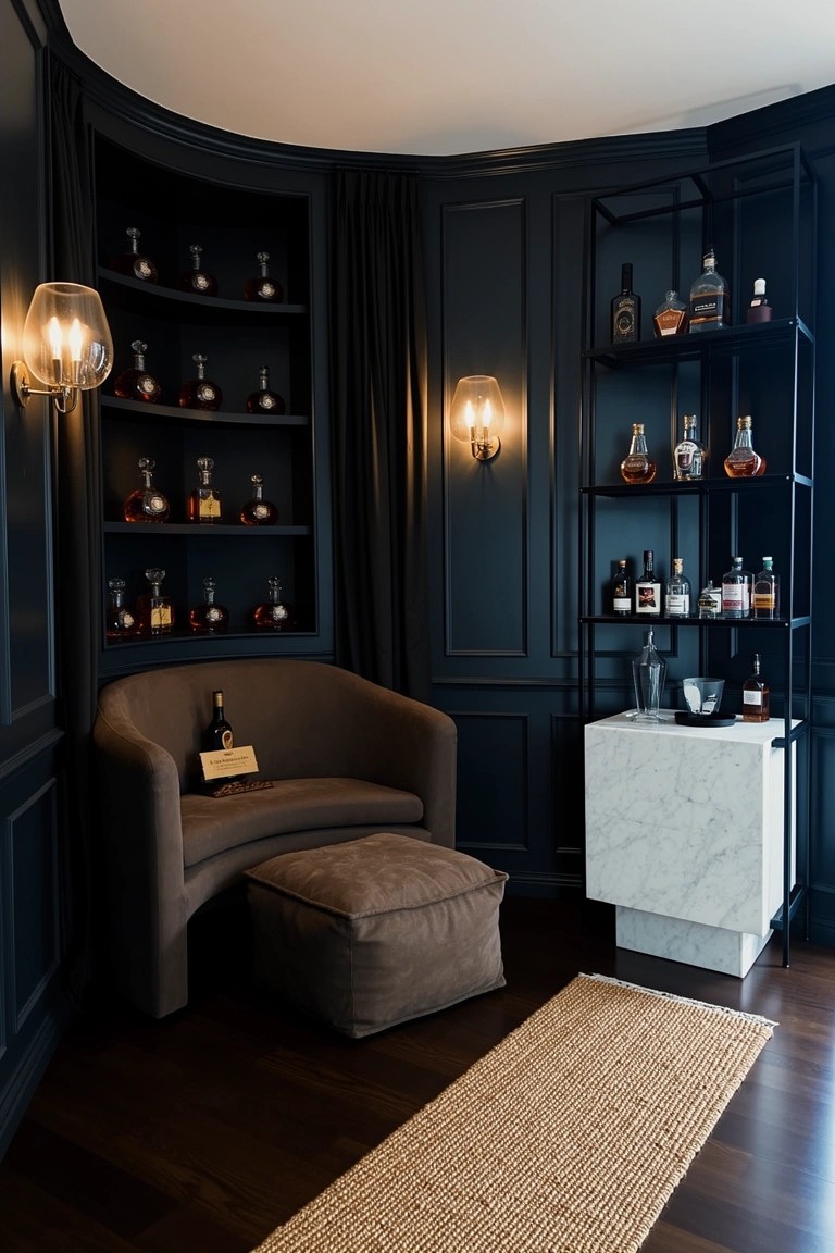 Curved navy alcove with built-in bar shelves stocked with whiskey bottles, plush armchair and ottoman, marble side table, and warm globe lamps